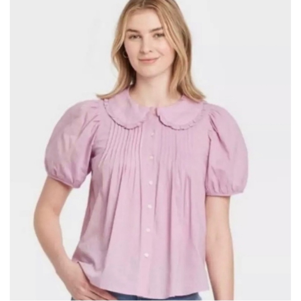 Women's Pink Embroidered Peter Pan Collar Blouse Medium cottagecore soft girl